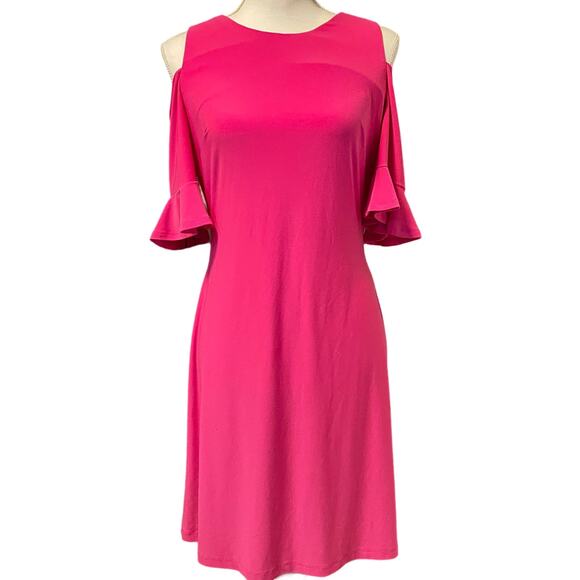 Tommy Hilfiger Hot Pink Ruffled Sleeve Cut Shoulder Body Con Knee Length Dress - Picture 1 of 5